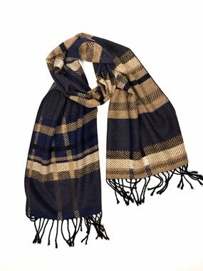 Club Room Silk Scarf Brushed Wool Feel Navy Tan Plaid Fringe Soft Warm 67x12"